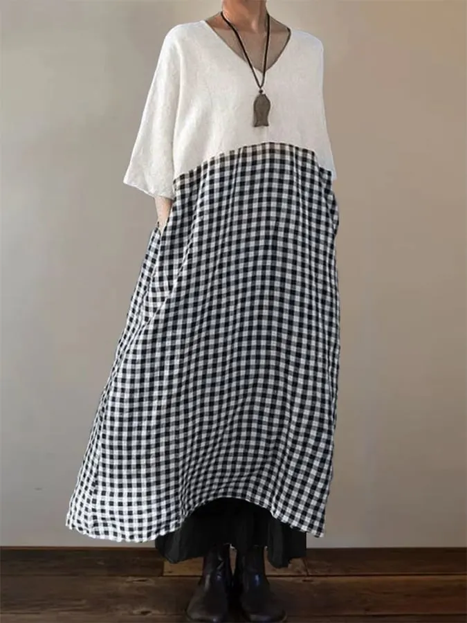 Casual Loose Plaid Color Block Short Sleeve Dress