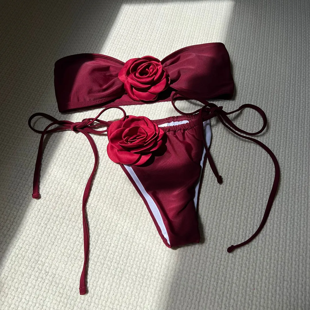 Uveng 2024 New Solid-Colored Rose Breast Drawstring Strap Split Swimsuit Bikini9150