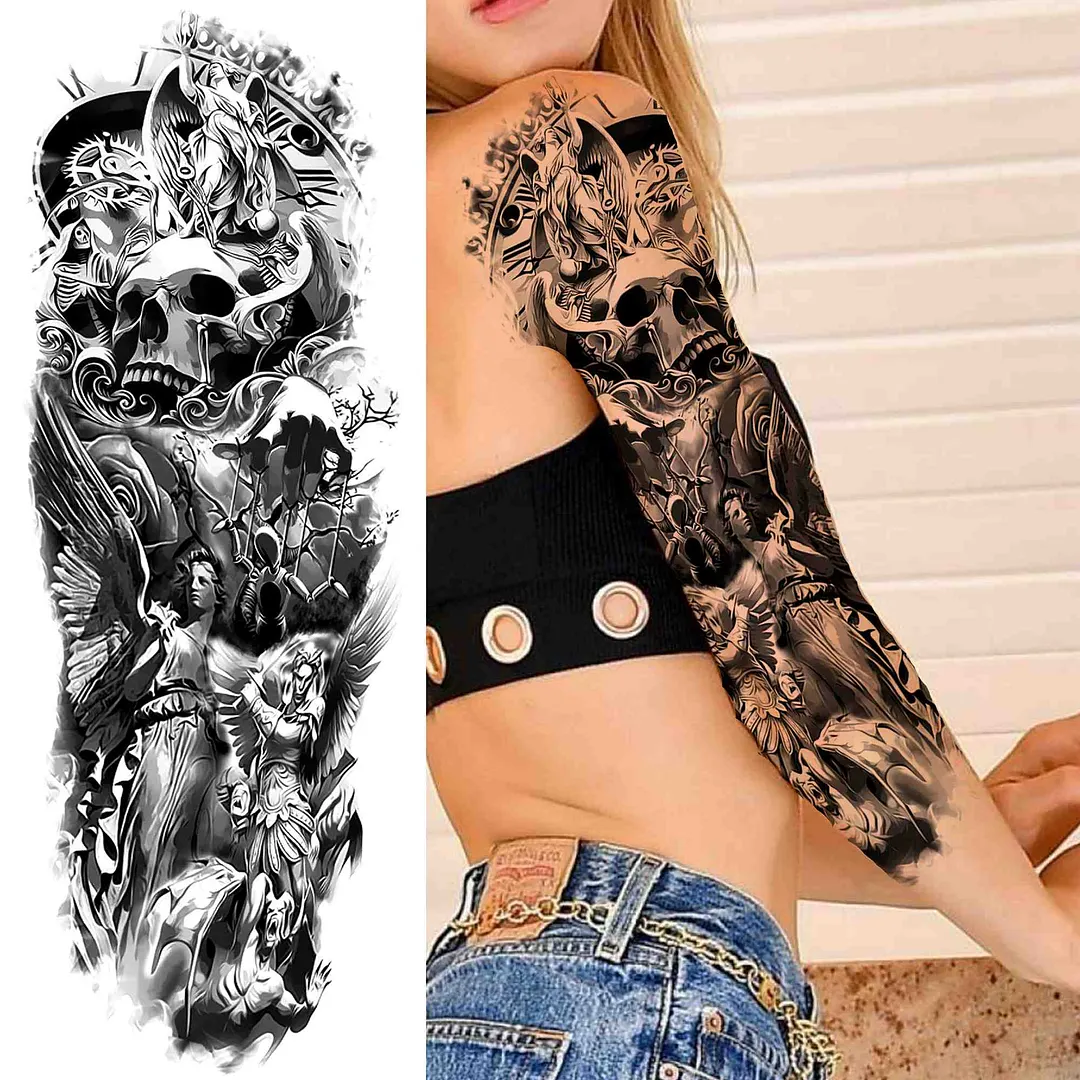 Tribal Totem Temporary Tattoo Sleeve For Men Women Adult Fake Flower Shoulder Tatoos Sticker Black Skull Tattoos Big Full Arm 1001 515