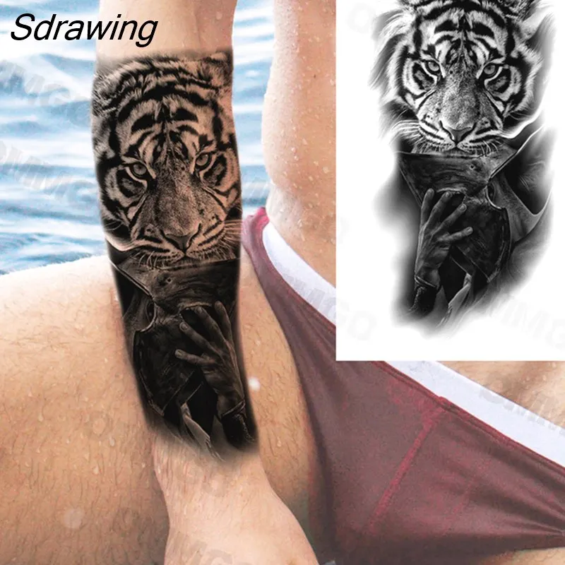 Sdrawing Realistic Rose Flower Skeleton Temporary Tattoos For Women Adult Peony Geometric Fake Tattoo Body Art Half Sleeve Tatoo Paper