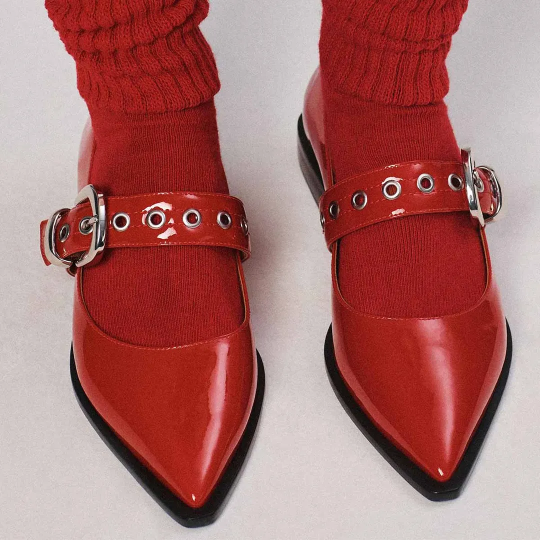 Red Patent Leather Buckle Strap Mary Jane Flats with Pointed Toe