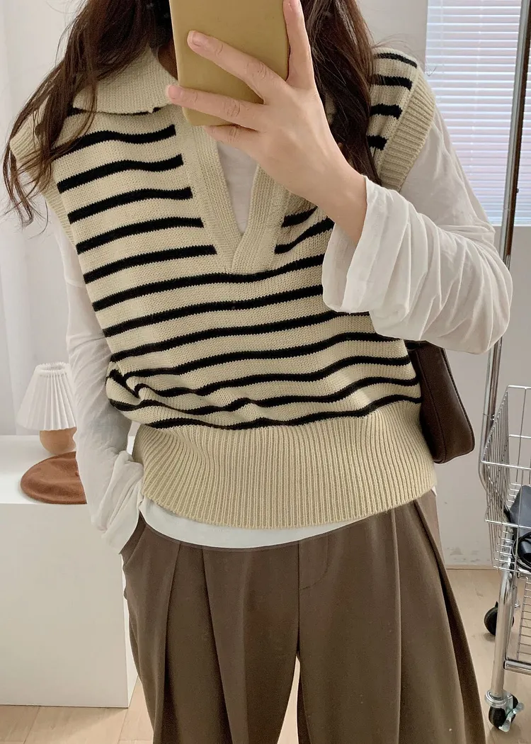 Casual Peter Pan Collar Striped Knit Vest Tops Sleeveless