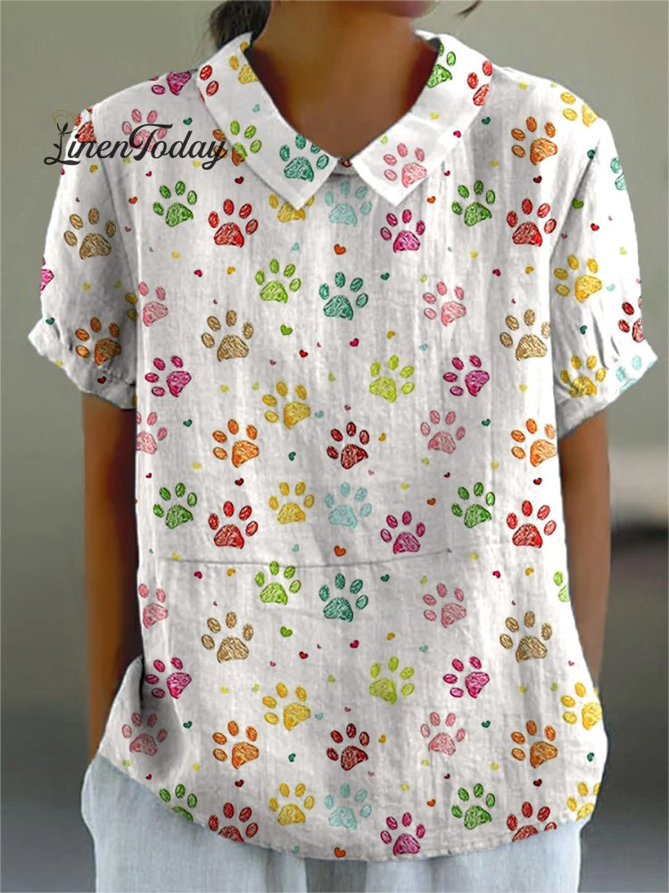 Lovely Animal Paws Pattern Printed Women&rsquo;s Casual Cotton And Linen Shirt Multicolor / S