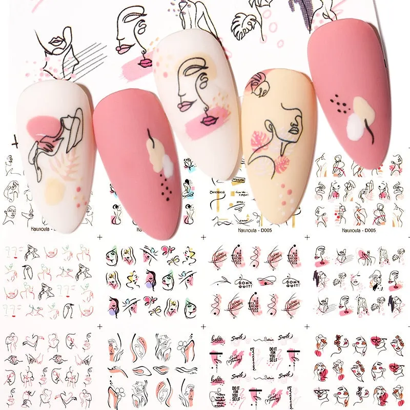 12Styles Harunouta Spring Summer Alphabet Flower Leaves Nail Water Decals Popular Geometric Lines Transfer Stickers Decoration