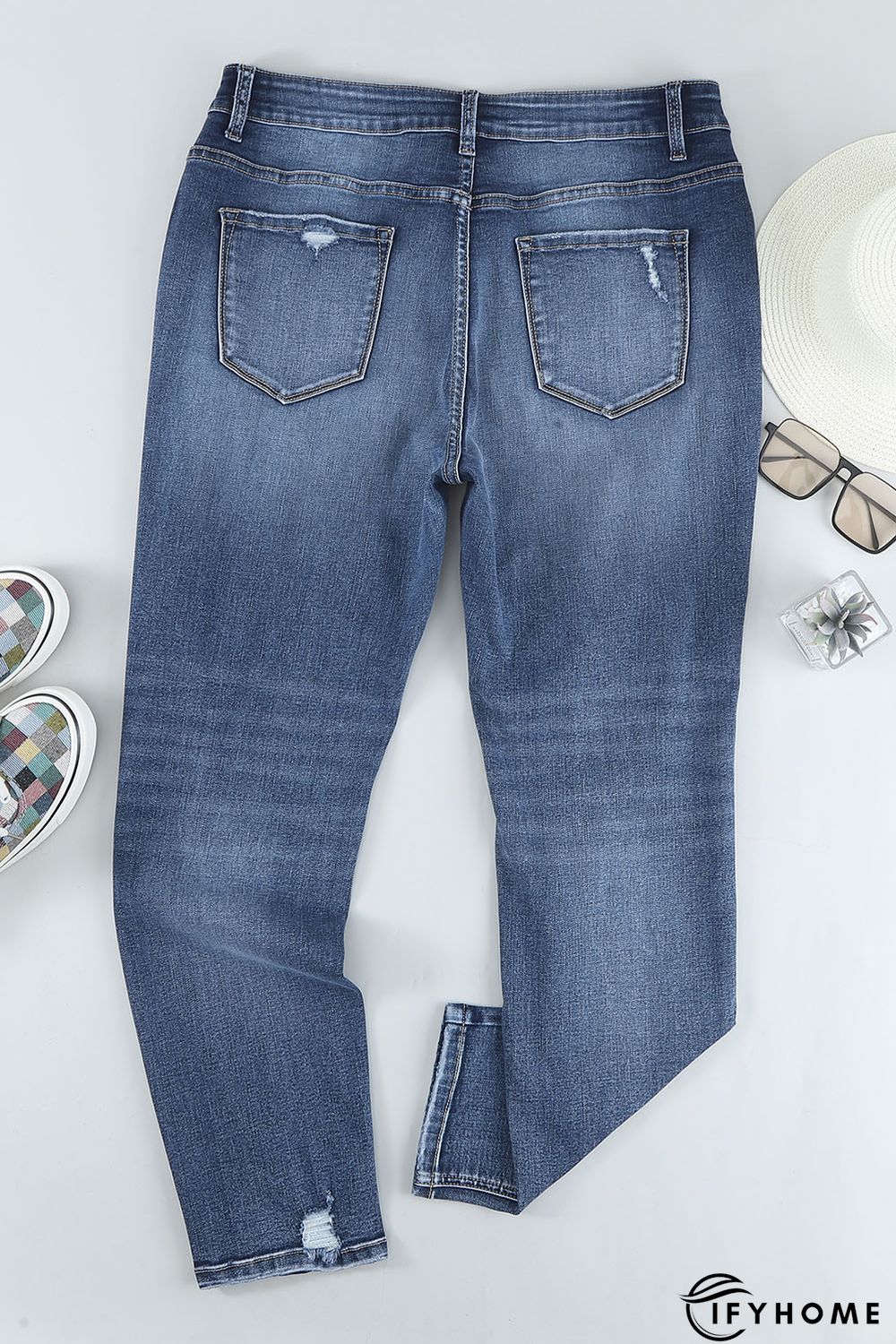 Blue Distressed High Waist Plus Size Jeans | IFYHOME