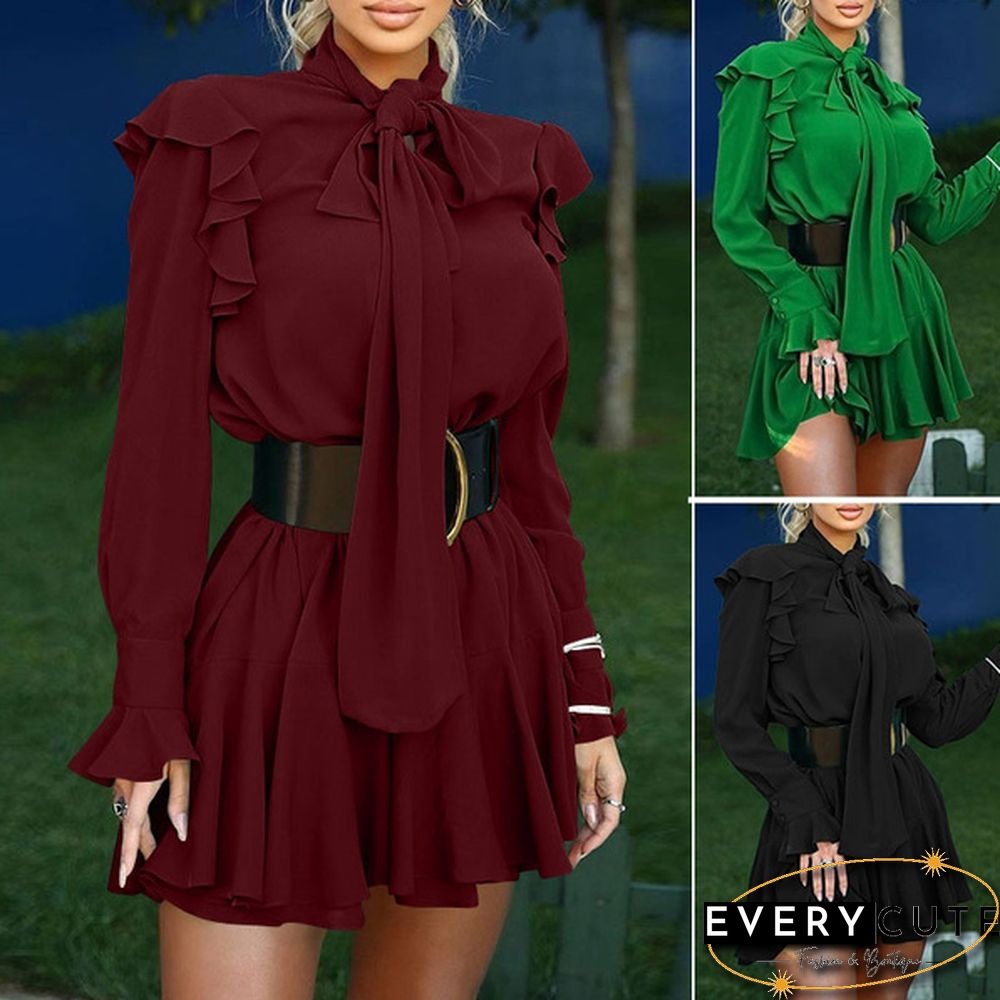Spring Autumn Women Long Sleeve Mini Dress Bowknot Ruffled Party Elegant Casual Short Dress Plus Size