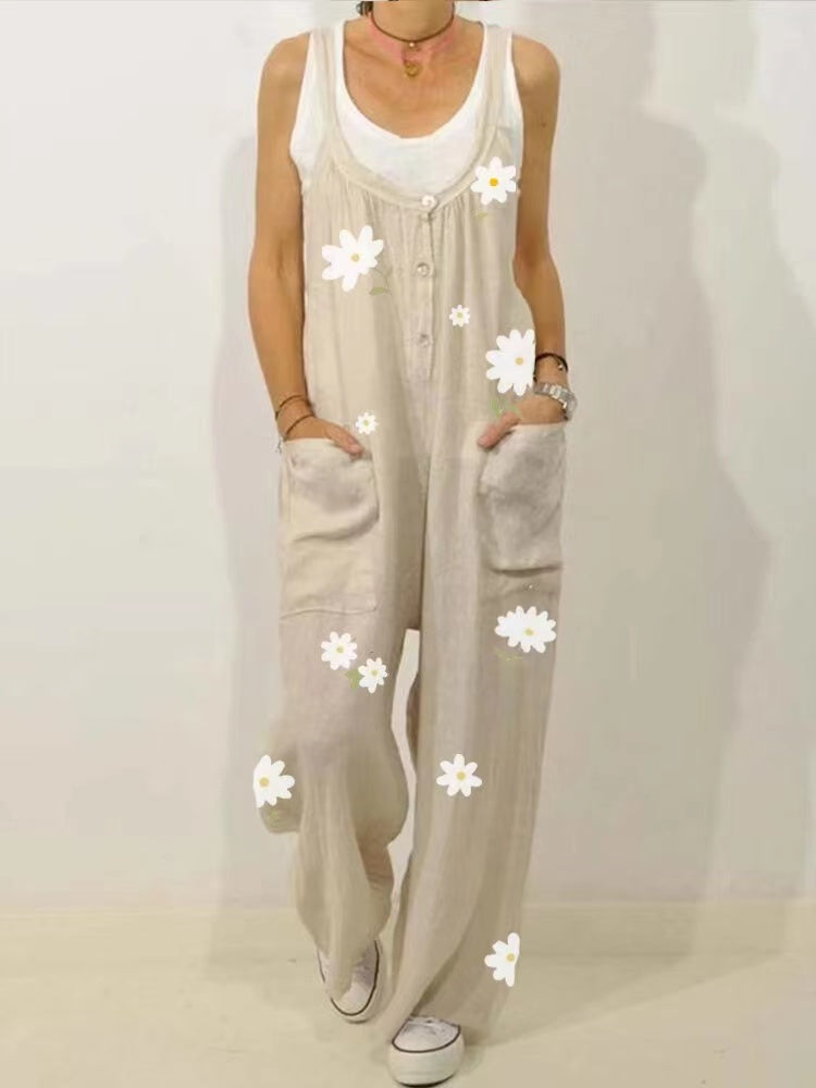 Women's Khaki Print Pockets Sleeveless Jumpsuit