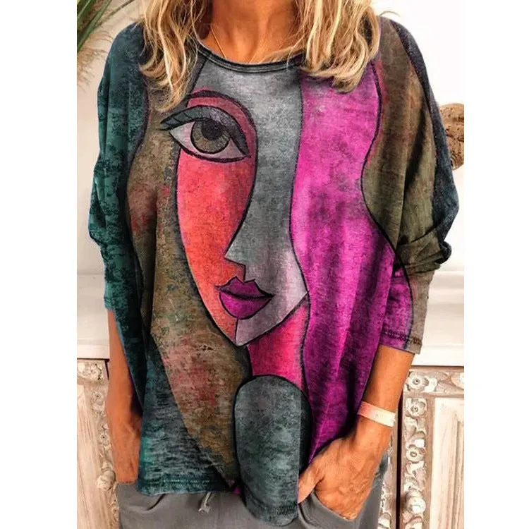 Brownm Size Women's Printing Print Long Sleeve Loose T-shirt