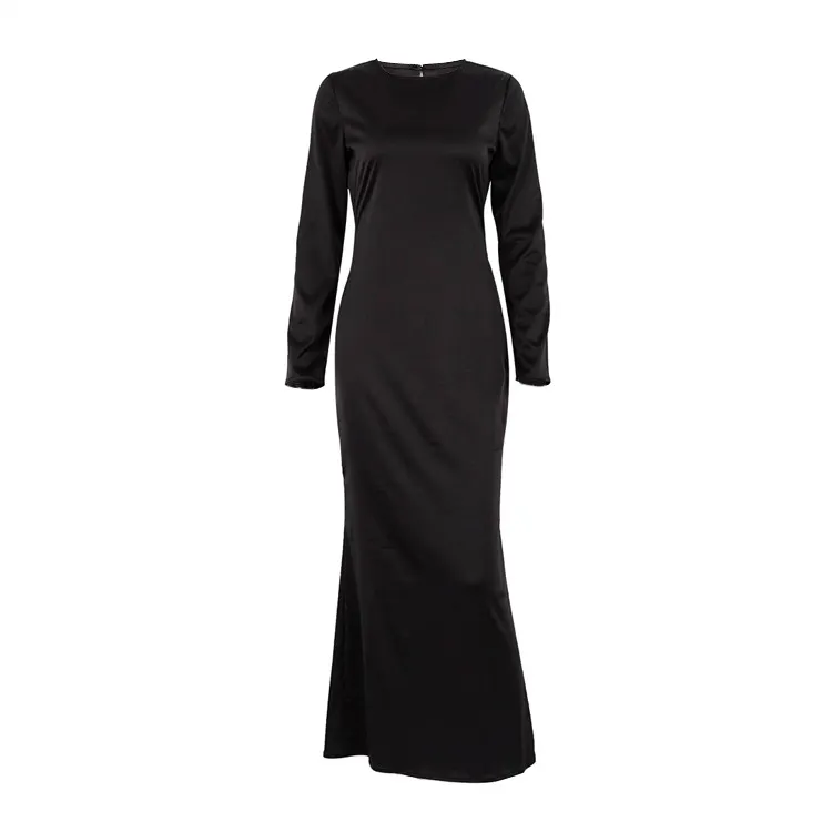 Uveng Uveng Women's Early Spring New Satin Hanging Feeling Long Skirt Round Collar High Waist Fashion Long-Sleeved Dress
