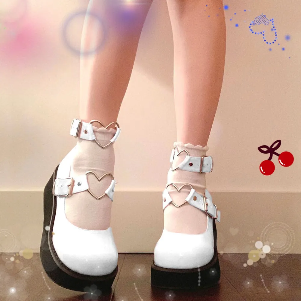 2021 Brand New Plus Size 43 Sweet Gothic Style Girls Pink Black Heart Decoration Mary Janes Flats Platform Shoes Women