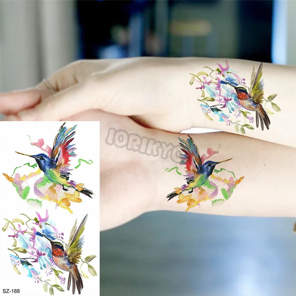 Colorful Dinosaur Temporary Tattoos For Kids Girls Rose Flower Lavender Hummingbird Fake Tattoo Sticker Forearm Neck Tatoos Show