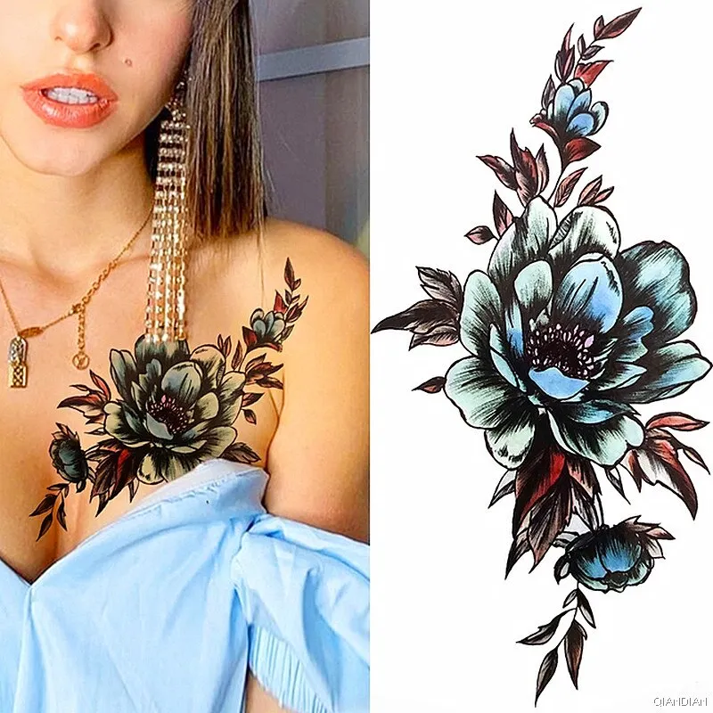 Black Sexy Flower Temporary Tattoos Sticker Arm Sleeve Rose Tree Skull Lion Bear Snake Henna Body Decorate Fake 3D Women Totem