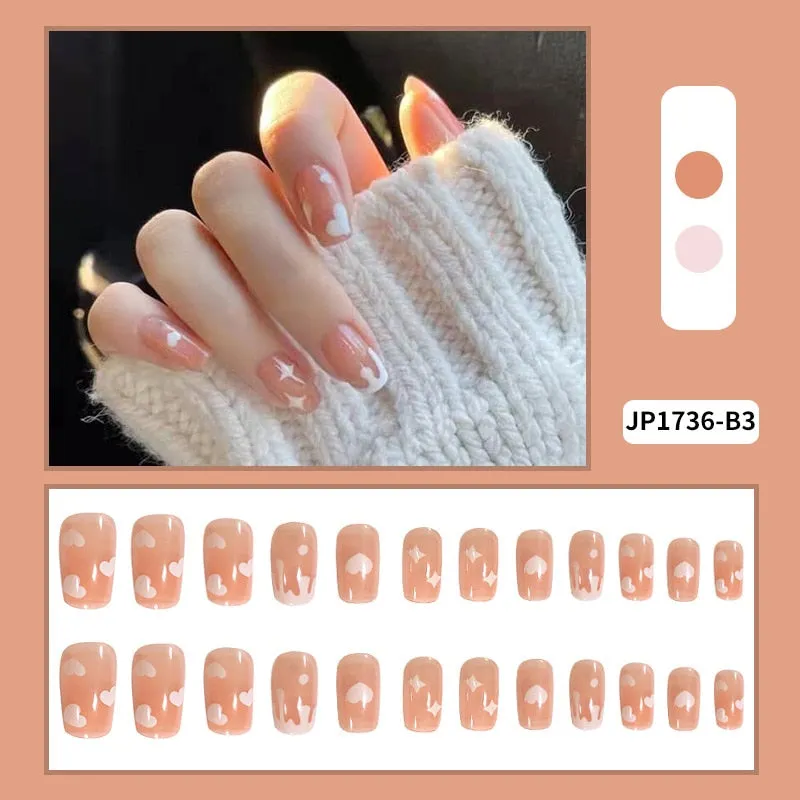 24pcs/box Fake Nails With Glue Yellow Flower Printed Type Short Paragraph Fashion Manicure Press On False Nails Gifts For Girls-Nail Inspo