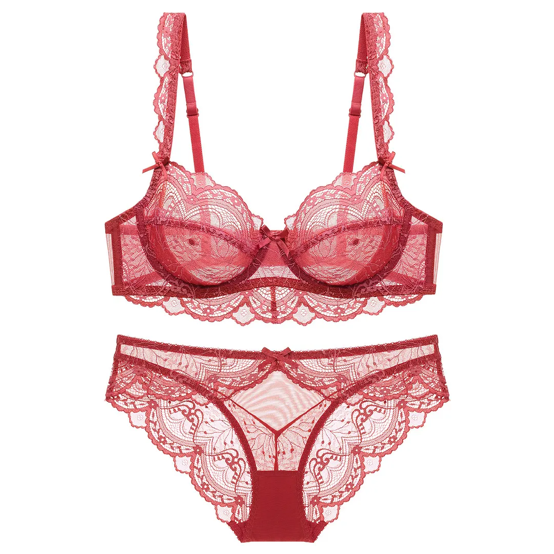 Churchf Lace Underwear Suit Female Pure Lust Wind Gathered Bra Sexy Red Breathable Thin Large Size Bra
