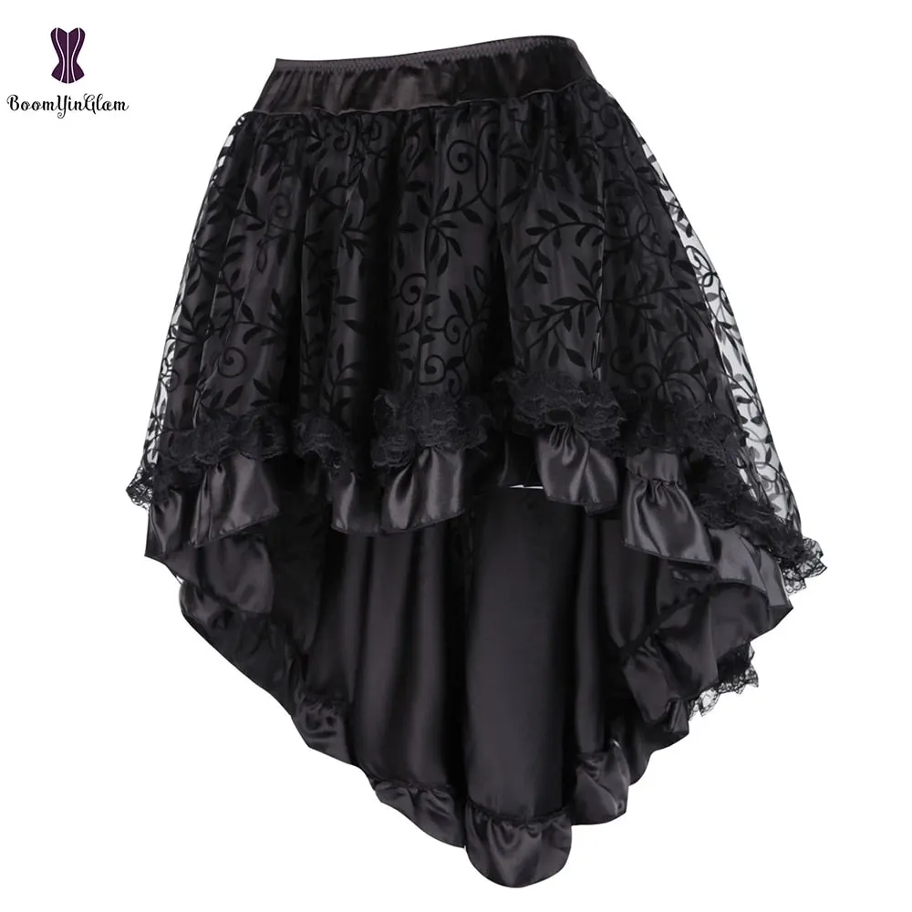 Plus Size Victorian Asymmetrical Ruffled Satin Lace Trim Gothic Skirts Women Corset Vintage Steampunk Skirt 937#