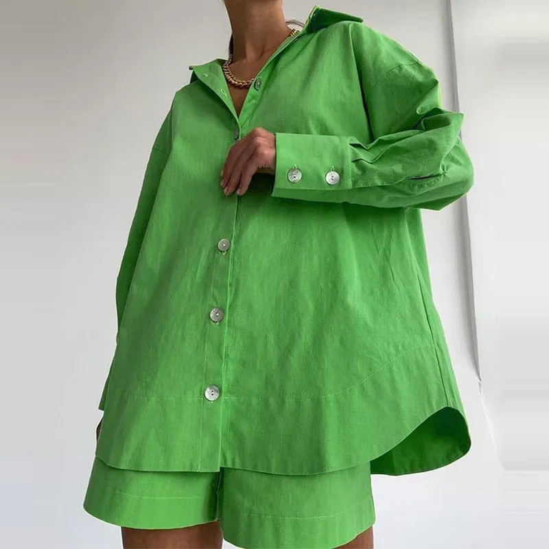 Casual Women Short Set Tracksuit Loungewear Two Piece Women Outfits Oversized Long Shirt And High Waist Shorts Green