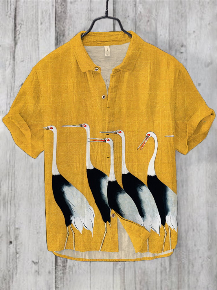 Crane Japanese Art Print Linen Blend Shirt  artssus