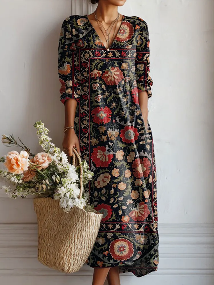 Women's Vintage Flower Art Print Linen Pocket Dress
