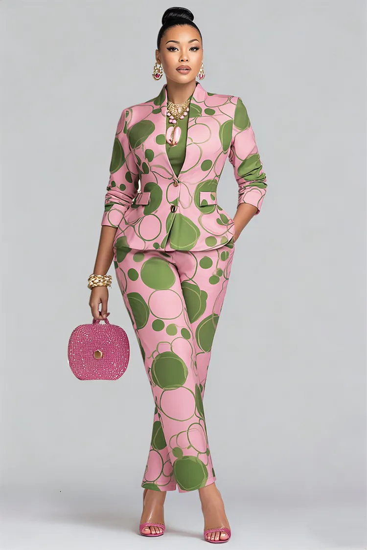 Xpluswear Design Plus Size Business Casual Pink Polka Dot 3/4 Sleeve Pocket Satin Two Piece Pant Sets [Pre-Order] 2024 - Xpluswear