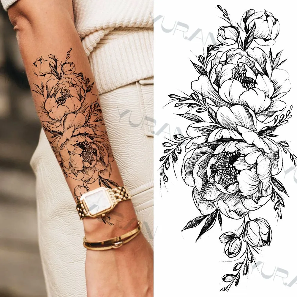 Black Large Snake Flower Fake Tattoo Sticker For Women Dot Rose Peony Temporary Tattoos DIY Water Transfer Tatoos Girls 530