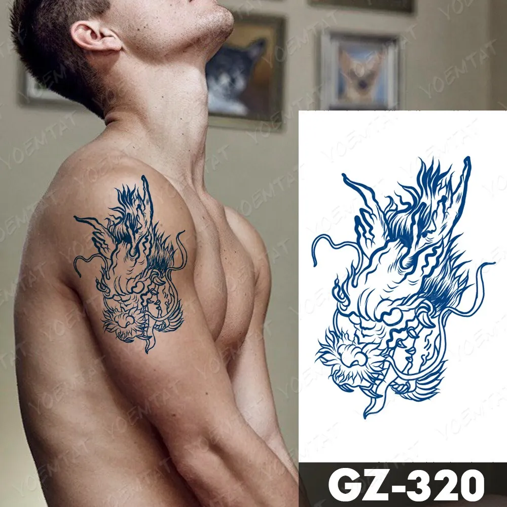 Sdrawing Lasting Ink Tattoos Body Art Waterproof Temporary Tattoo Sticker Line Dragon Tiger Totem Tatoo Arm Fake Fox Whale Tatto