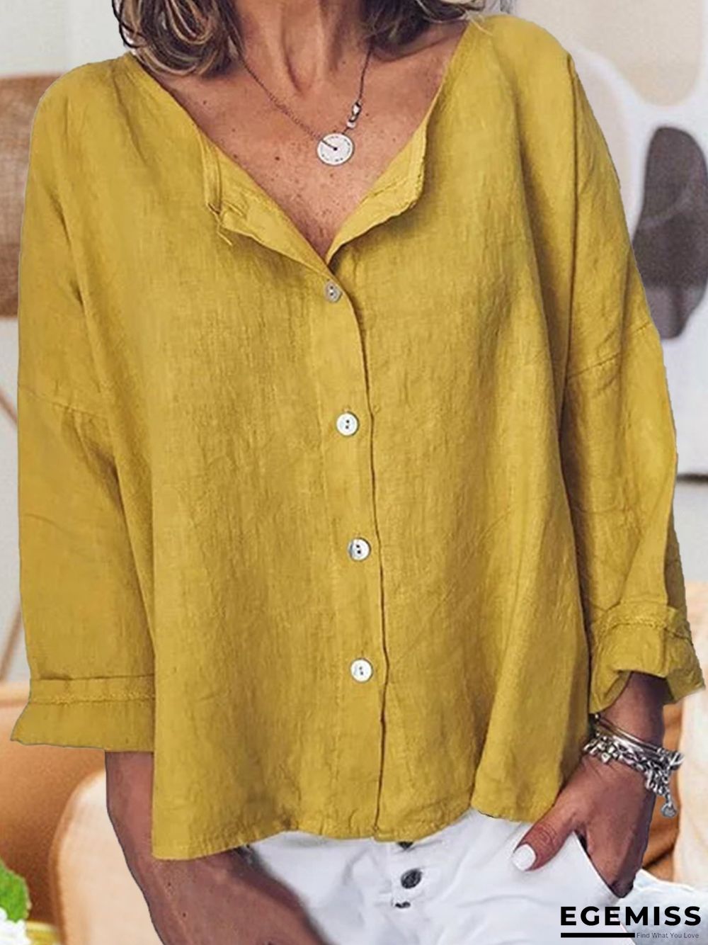 Long Sleeve Solid Shirts Plus Size Blouses Linen | EGEMISS