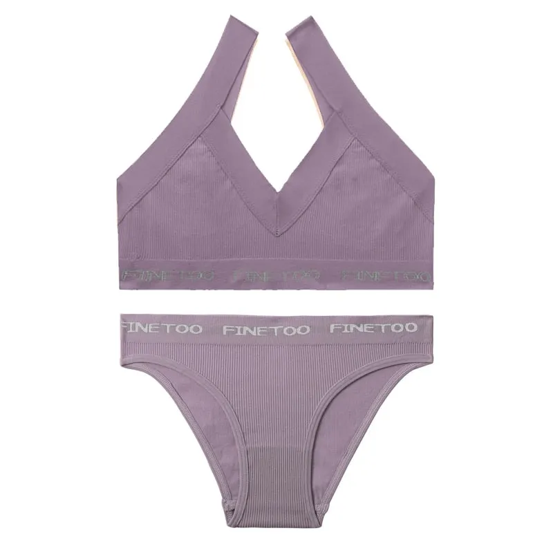 FINETOO Deep V Bra Set M-XL Women Seamless Underwear Girls Soft Tops and Letter Briefs Ladies Bras Set Comfortable Lingerie Set