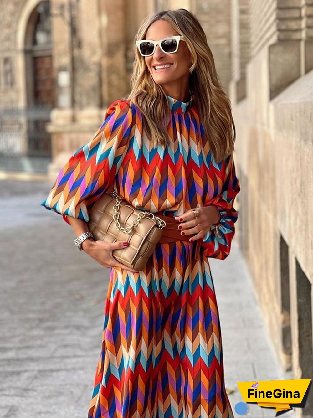 Sleeve Print Waist A-shaped Dress Plus Size Ladies Dress