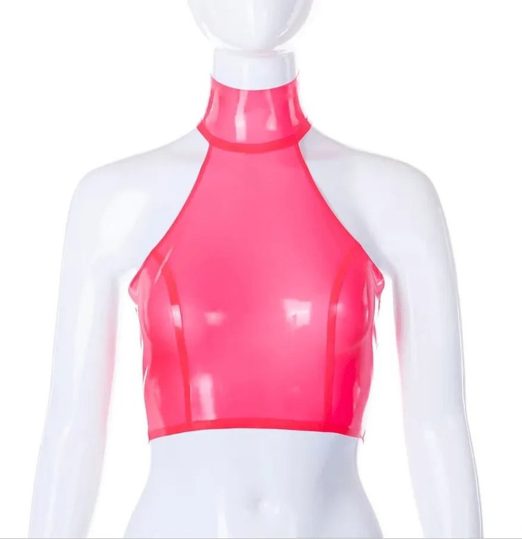 Women Latex Tops Translucent Pink Halter Neck Crop