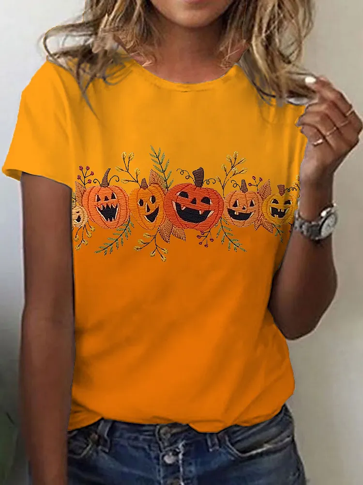 Women's Halloween Pumpkin Print T-Shirt 