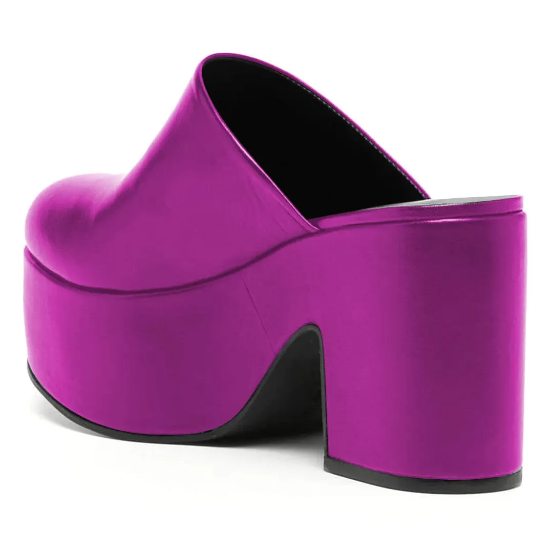 YDN Purple Vegan Leather Round Toe Block Heel Platform Mules