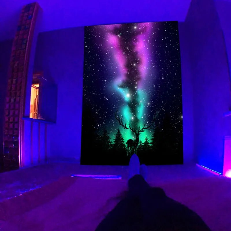 Fluorescent Starry Tapestry Skeleton Mushroom Psychedelic Black Light Wall Hanging Cloth DIY Home Decoration Trippy Room Decor