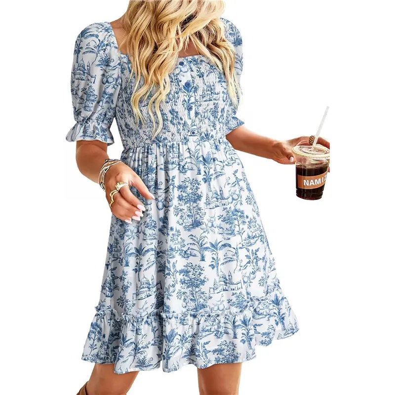 Athvotar Athvotar Women's Summer New New Ocean Bubble Bubble Sleeves Crush Flower Dresses Women's Dress
