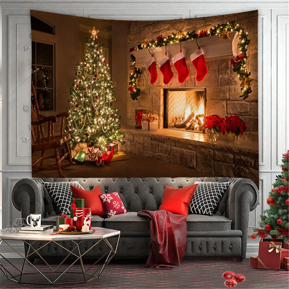 Merry Christmas Tapestry Wall Hanging Christmas Tree Fireplace Wall Cloth Tapestries Psychedelic Boho Decor Wall Tapestry Carpet
