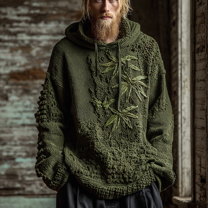 Men's Vintage Bamboo Embroidery Art Knit Hooded Sweater