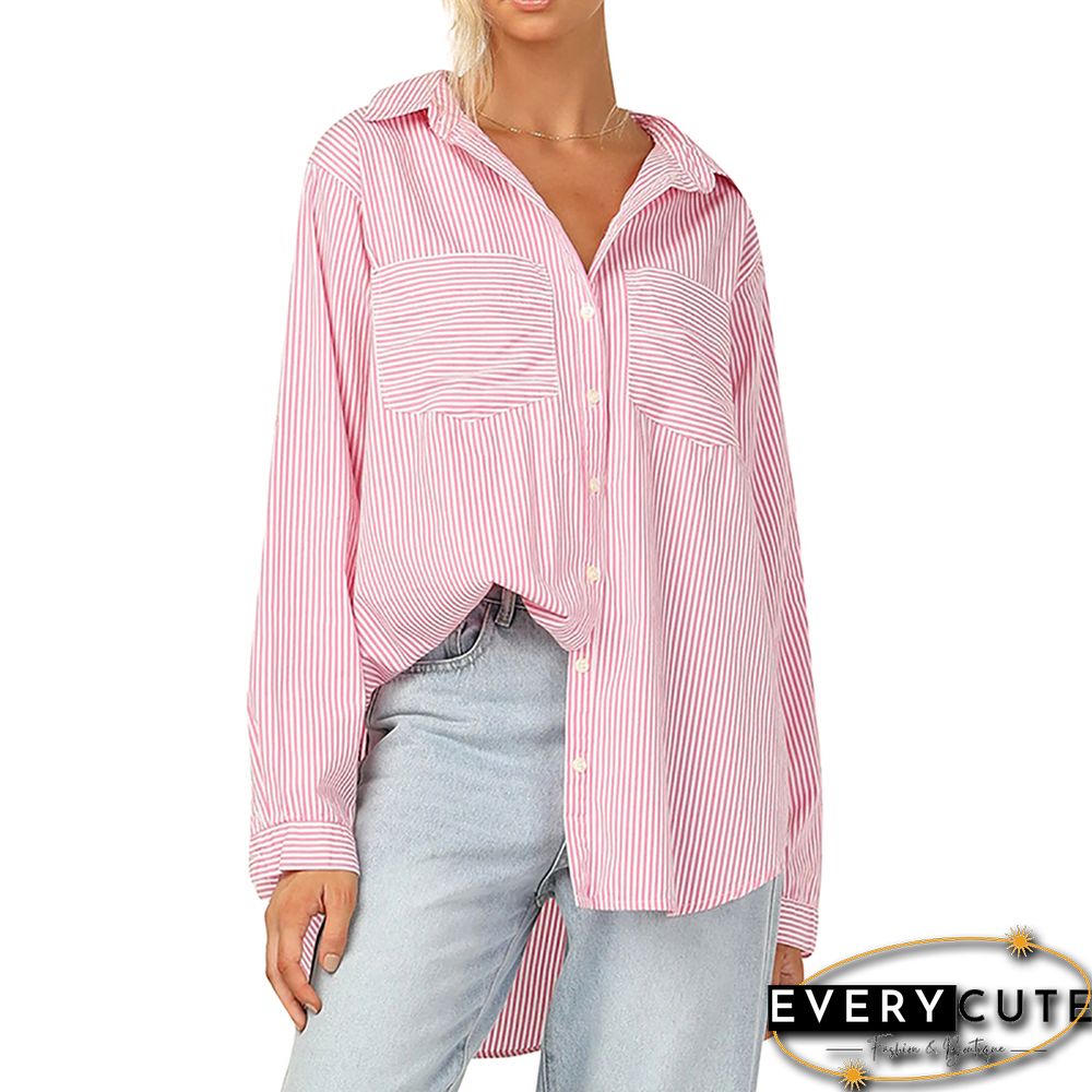 Pink Striped Print Button Long Sleeve Shirt