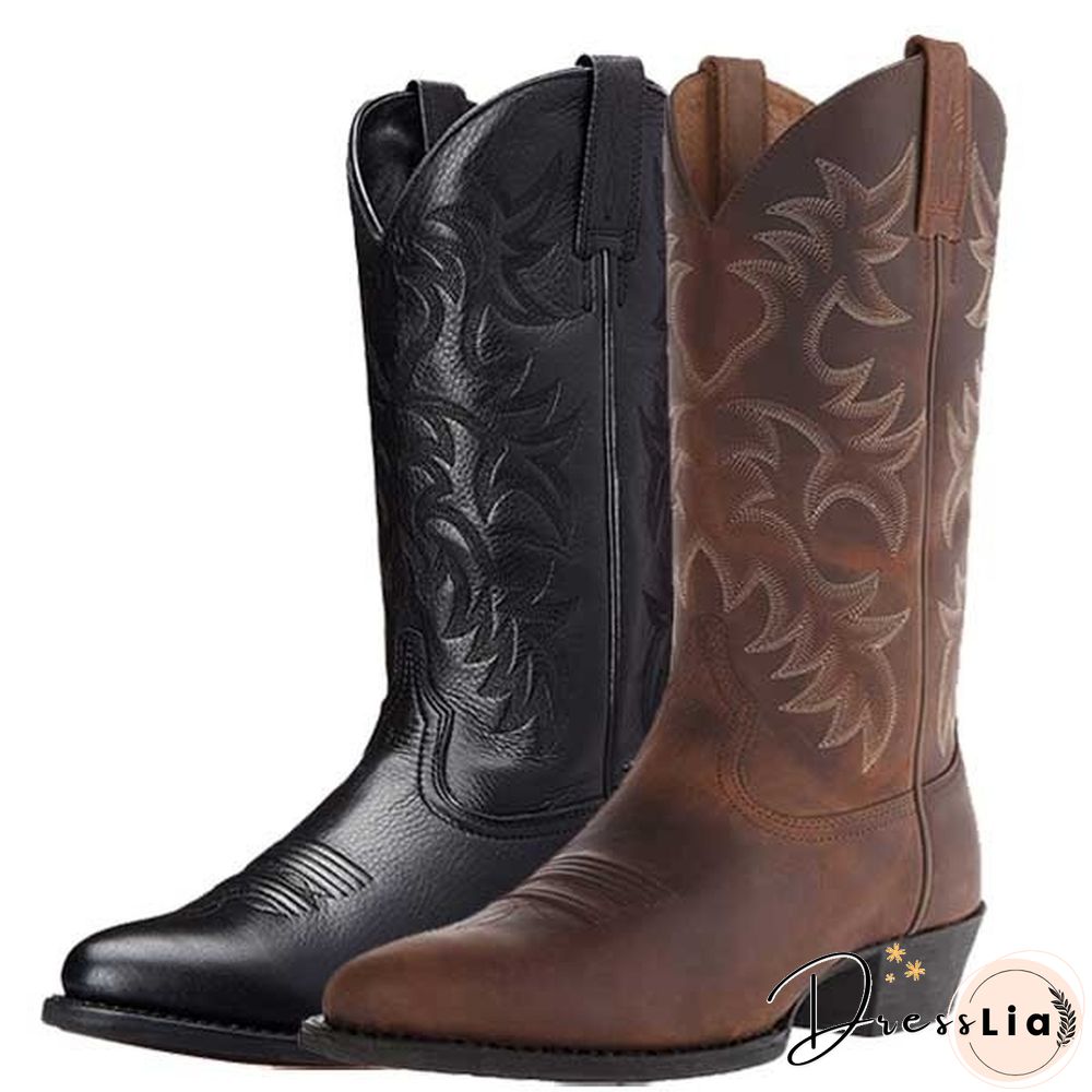 Mens Vintage Leather Mid Calf Boots Pointed Toe Western Cowboy Boots Man Retro Knee High Talll Boots Riding Boots Big Size 38-48 Botas