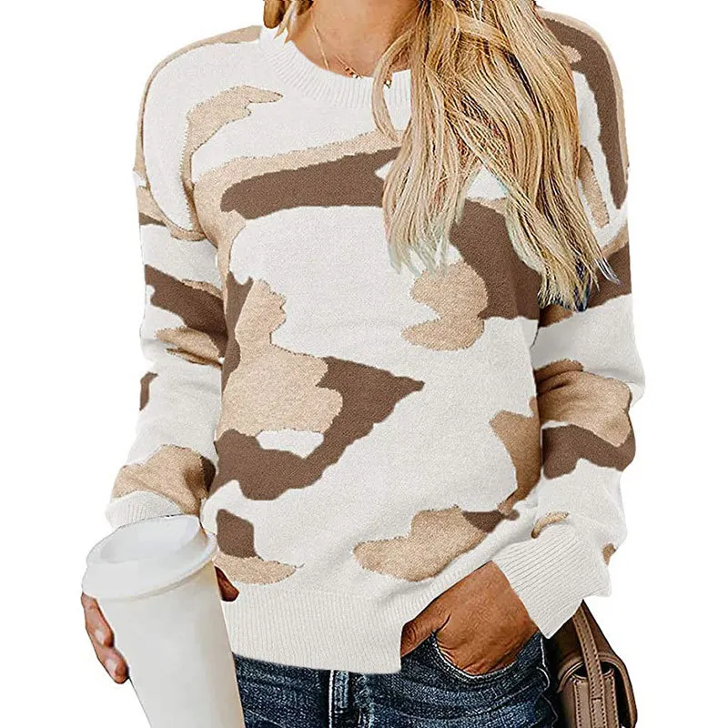 Athvotar Athvotar Sweater Women Autumn And Winter New Camouflage Leopard Sweater Round Collar Knitted Shirt Woman