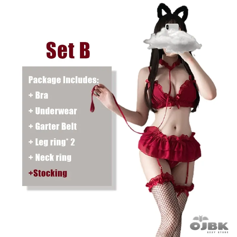Sexy Lingerie For Women Red Chiffon Lace Underwear Erotic Outfit Couple Cosplay Costumes With Leadchain Bra Panties Set 2021 New