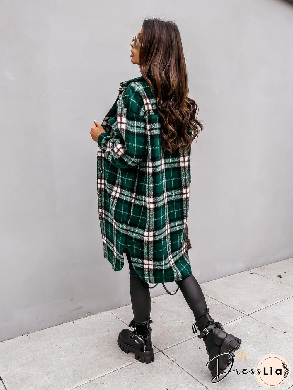 Autumn Winter Long Sleeve Plaid Print Coat