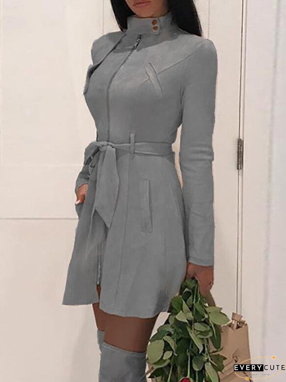 Dresses Pure Belted Zip Leather Velvet Long Sleeve Dress for Women
