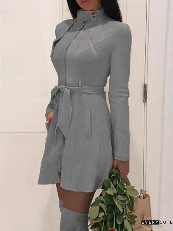 Dresses Pure Belted Zip Leather Velvet Long Sleeve Dress for Women
