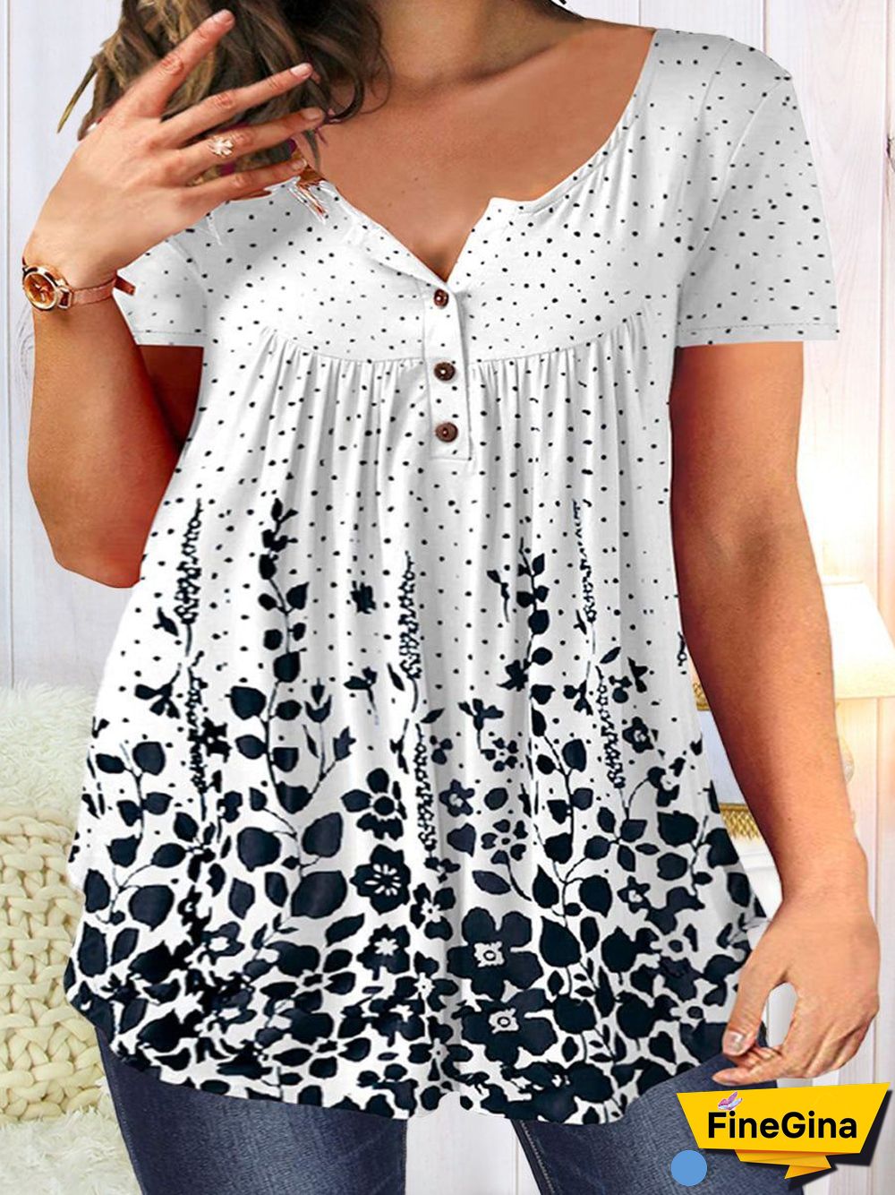 Polka Dot And Plant Pattern Button T-Shirt