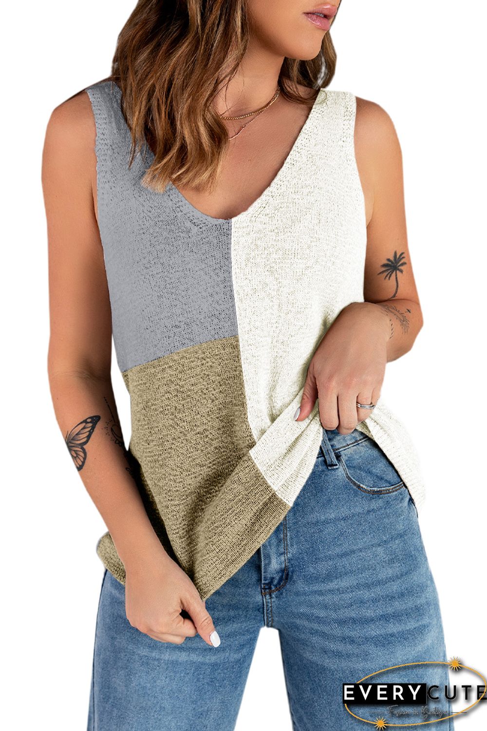 White Color Block Knitted Tank Top