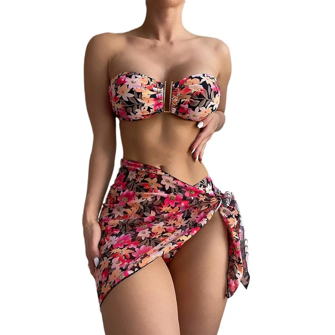 Churchf 2025 Swimsuit Women Divided Metal U-Shaped Bikini Bikini Three-Piece Printed Swimsuit