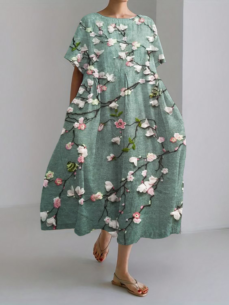 3D Floral Embroidered Lace Linen Blend Maxi Dress