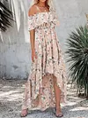 Printed Irregular Clipping Off-The-Shoulder Maxi Dress