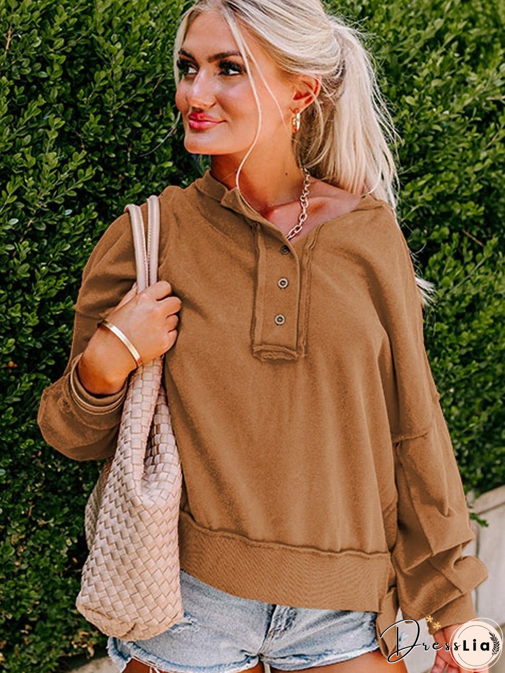 Cozy Brown V-Neck Button Detail Pullover Sweatshirt