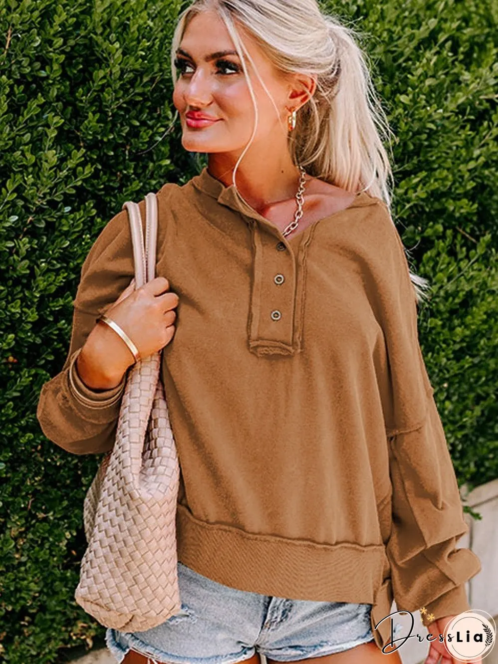 Cozy Brown V-Neck Button Detail Pullover Sweatshirt