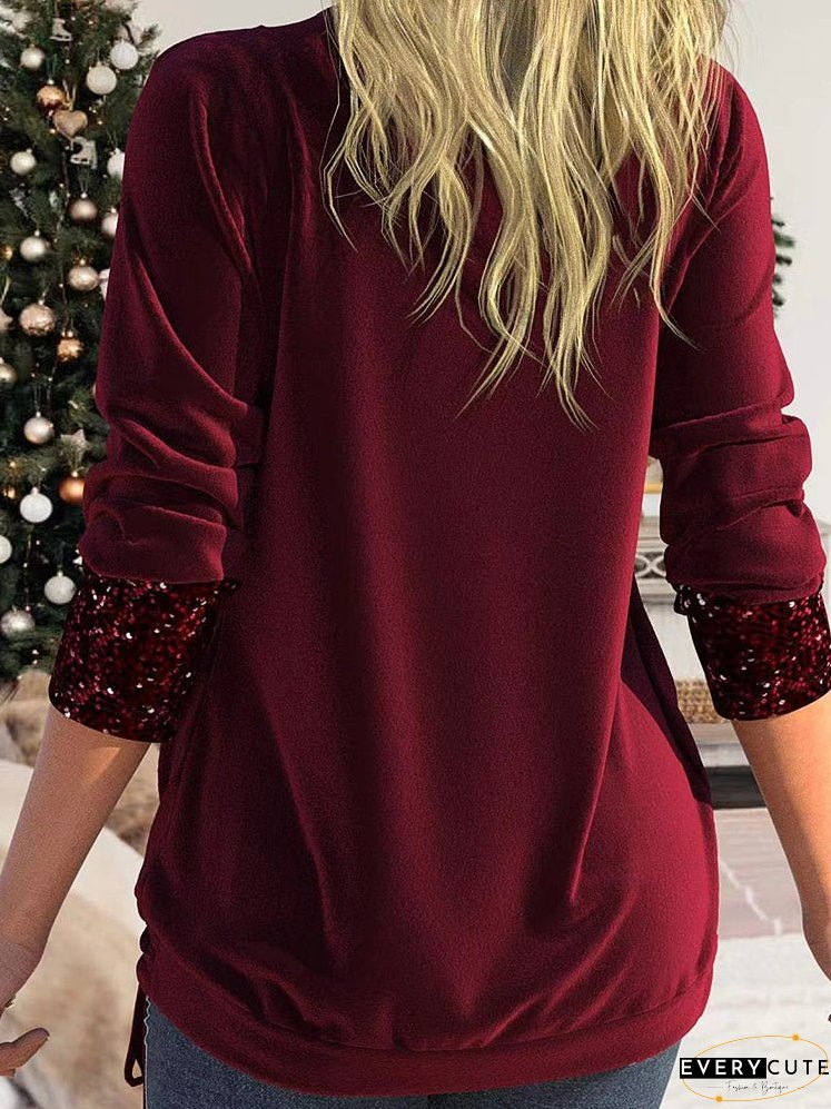 Sequin Panel Solid Long Sleeve Drop Collar Pleated T-Shirt